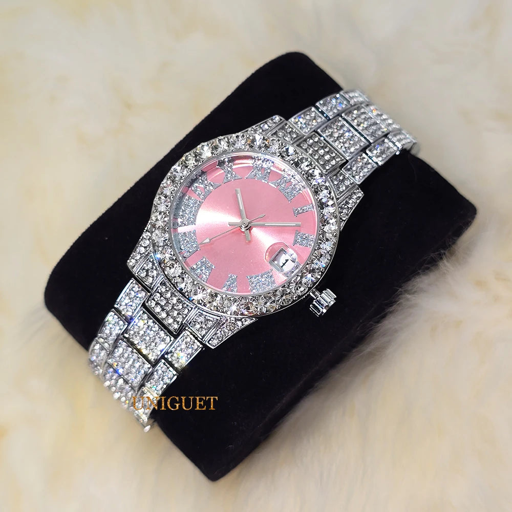 Elegant Women's Watch Pink Small Dial Fashion Dresses Diamond Watch For Ladies Luxury BlingBling Iced Mini Wristwatches Gift
