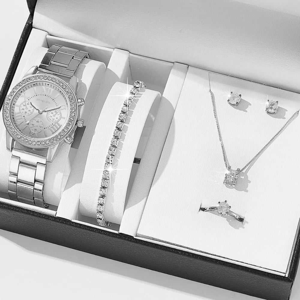 6pcs Diamond Women's Watch Set Bracelet Wristwatch Rhinestone Watch Jewelry Gift Set Elegant Roman Dial Ladies Quartz Watch