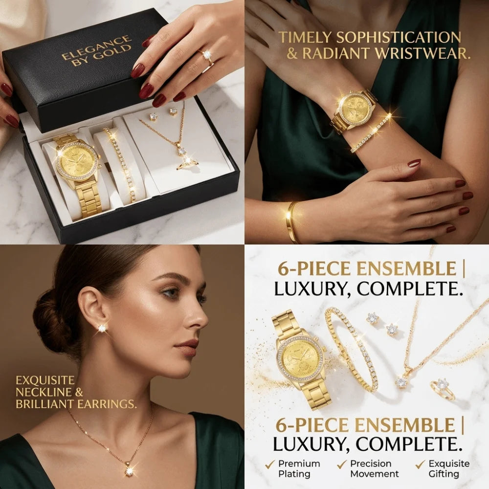 6pcs Diamond Women's Watch Set Bracelet Wristwatch Rhinestone Watch Jewelry Gift Set Elegant Roman Dial Ladies Quartz Watch