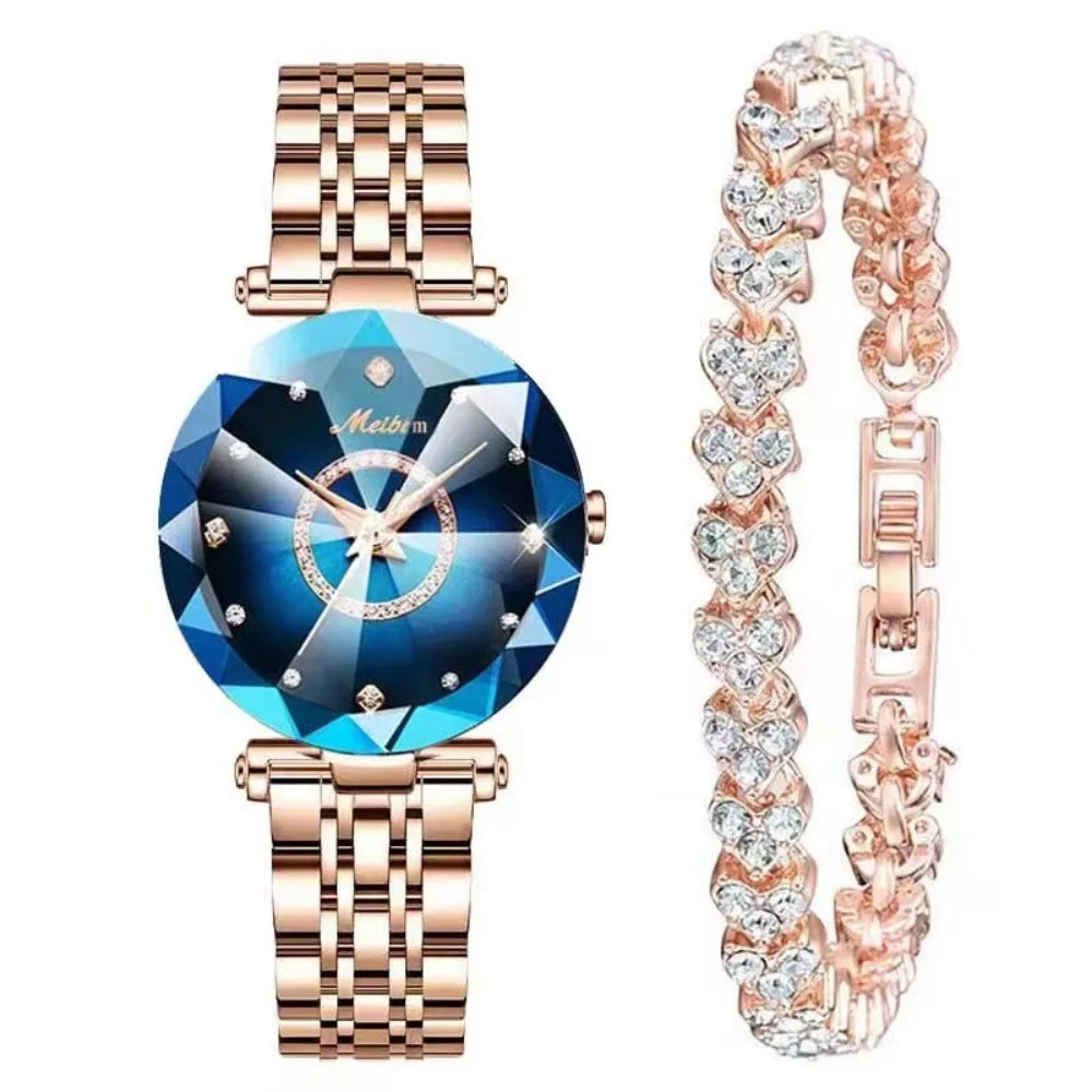 Trendy Luxury Women's Wristwatch Elegant Inlaid Diamond Watch Bracelet Set Stainless Steel Exquisite Rose Gold Watch Accessories