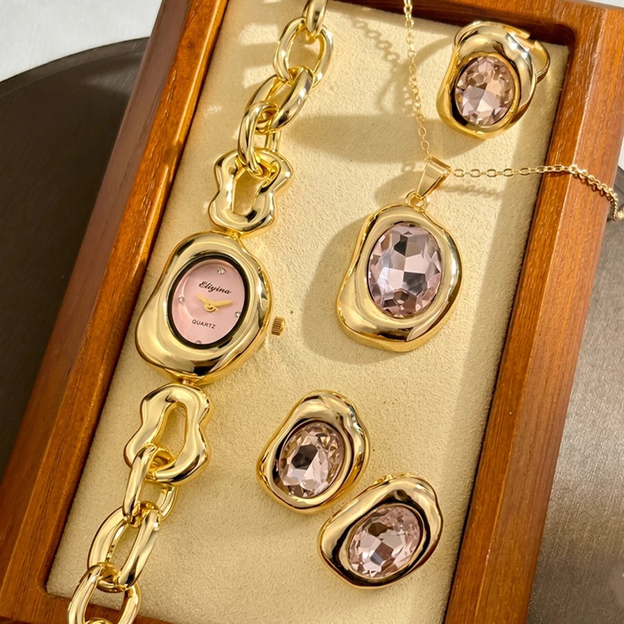 Elegant Gold Vintage Irregular-Shaped Watch Jewelry Four-piece Set for Women with Crystal Accents