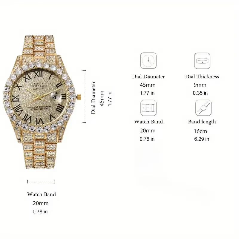 Luxury 3Pcs/Set Men's Golden Quartz Watch,Necklace and Bracelet Charming Jewelry, Shining Fashion Men's Outfit Accessory
