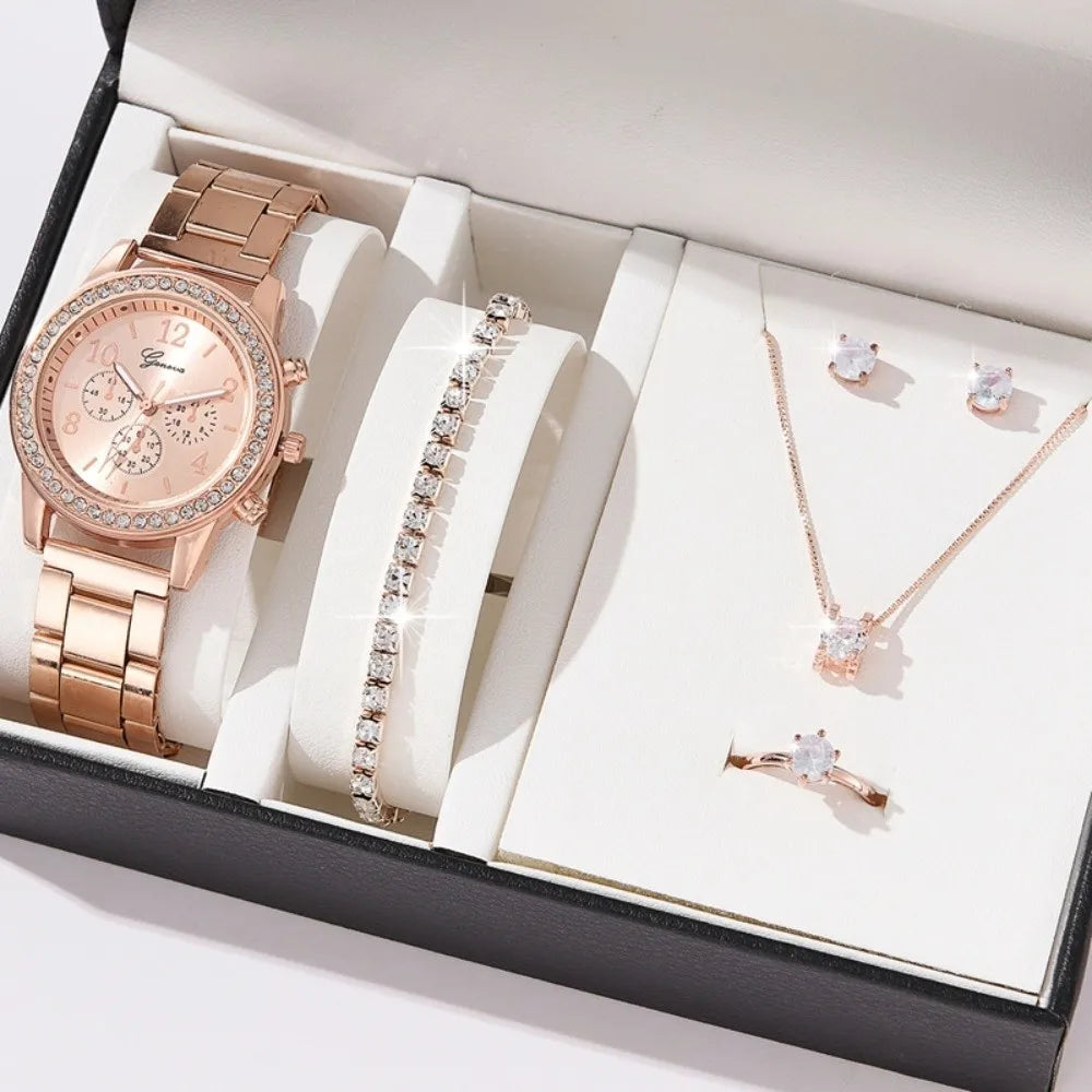 6pcs Diamond Women's Watch Set Bracelet Wristwatch Rhinestone Watch Jewelry Gift Set Elegant Roman Dial Ladies Quartz Watch