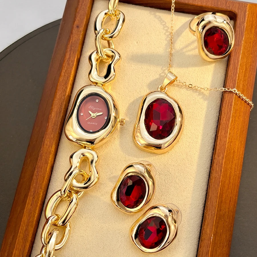 Elegant Gold Vintage Irregular-Shaped Watch Jewelry Four-piece Set for Women with Crystal Accents