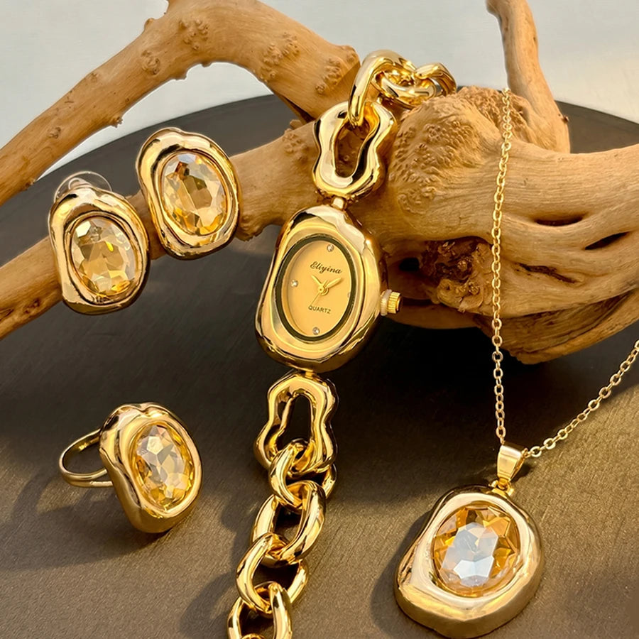 Elegant Gold Vintage Irregular-Shaped Watch Jewelry Four-piece Set for Women with Crystal Accents