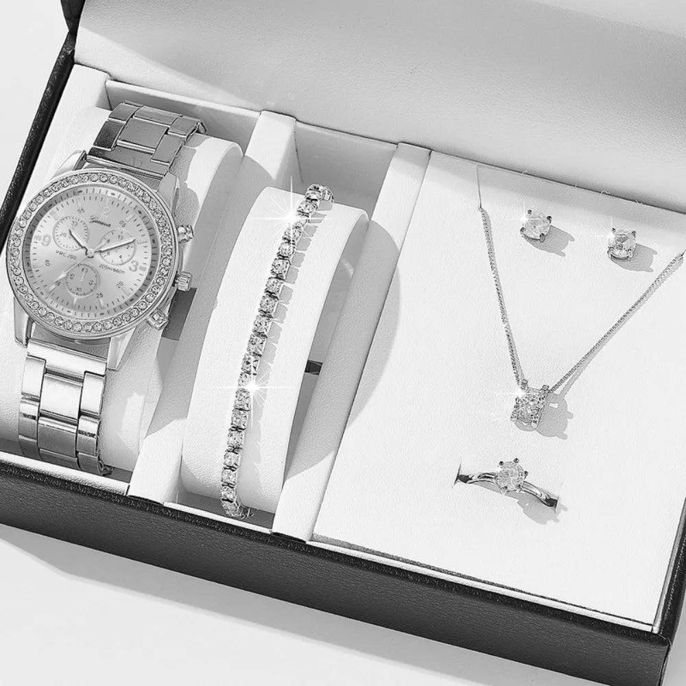 6pcs Diamond Women's Watch Set Bracelet Wristwatch Rhinestone Watch Jewelry Gift Set Elegant Roman Dial Ladies Quartz Watch