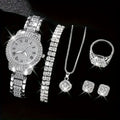 6-piece/set women's watch luxury rhinestone quartz watch hip-hop fashion watch and jewelry set, ideal choice for gifts