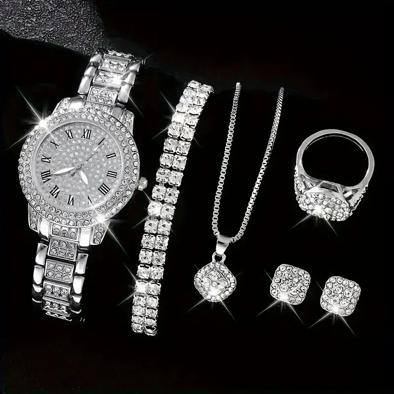 6-piece/set women's watch luxury rhinestone quartz watch hip-hop fashion watch and jewelry set, ideal choice for gifts