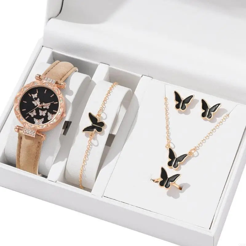 Butterfly Jewelry Set (without box)Women Watches Female Leather Watch Rings Necklace Earrings Bracelet Wedding Gift