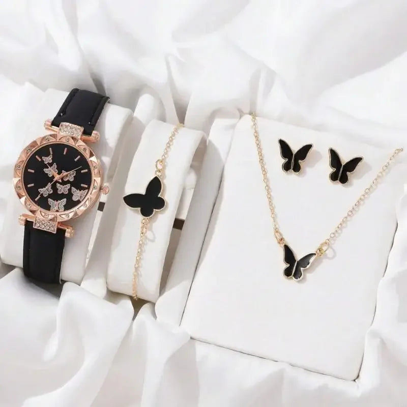 Butterfly Jewelry Set (without box)Women Watches Female Leather Watch Rings Necklace Earrings Bracelet Wedding Gift
