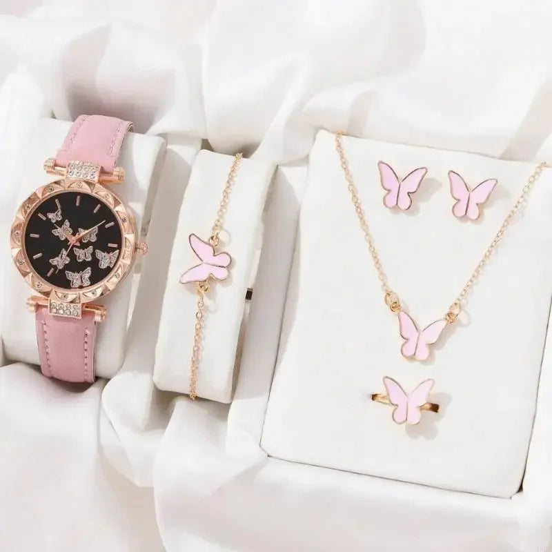 Butterfly Jewelry Set (without box)Women Watches Female Leather Watch Rings Necklace Earrings Bracelet Wedding Gift