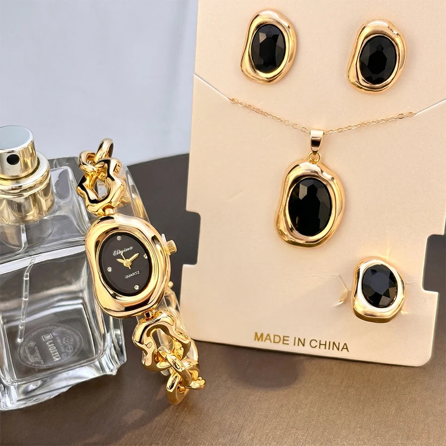 Elegant Gold Vintage Irregular-Shaped Watch Jewelry Four-piece Set for Women with Crystal Accents
