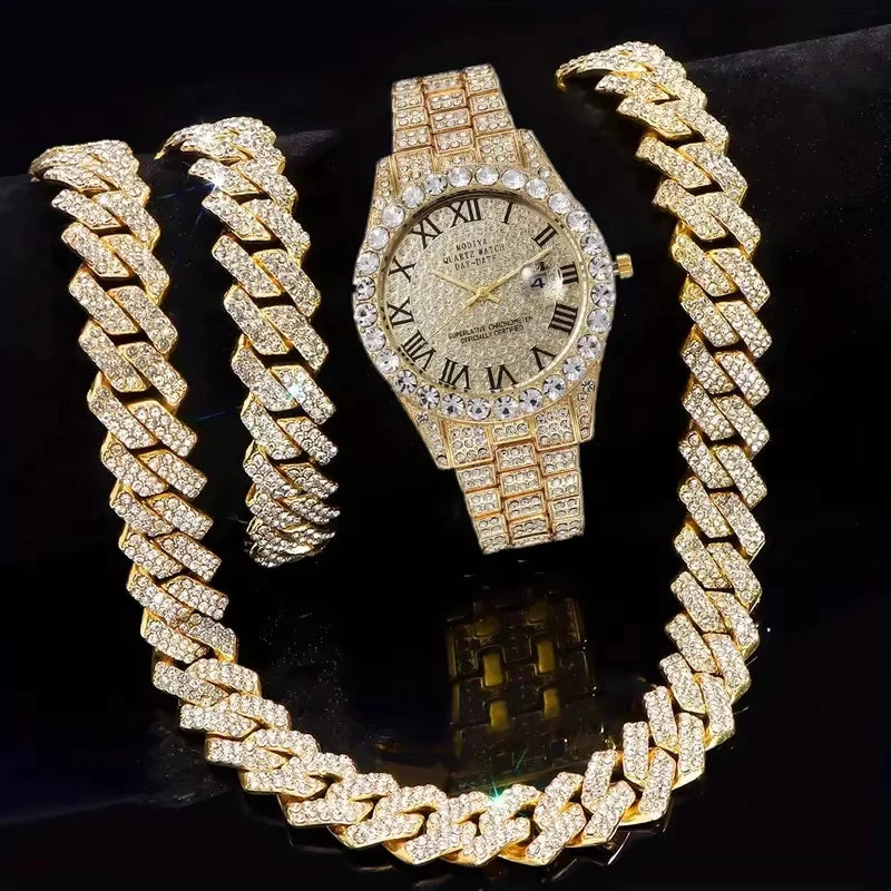 Luxury 3Pcs/Set Men's Golden Quartz Watch,Necklace and Bracelet Charming Jewelry, Shining Fashion Men's Outfit Accessory