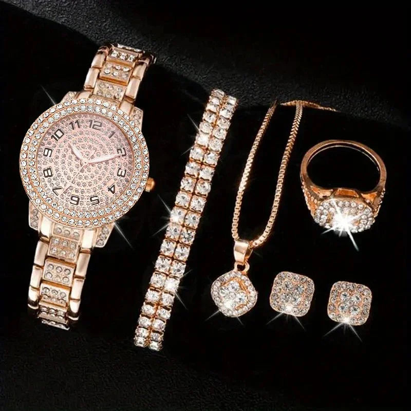 6-piece/set women's watch luxury rhinestone quartz watch hip-hop fashion watch and jewelry set, ideal choice for gifts