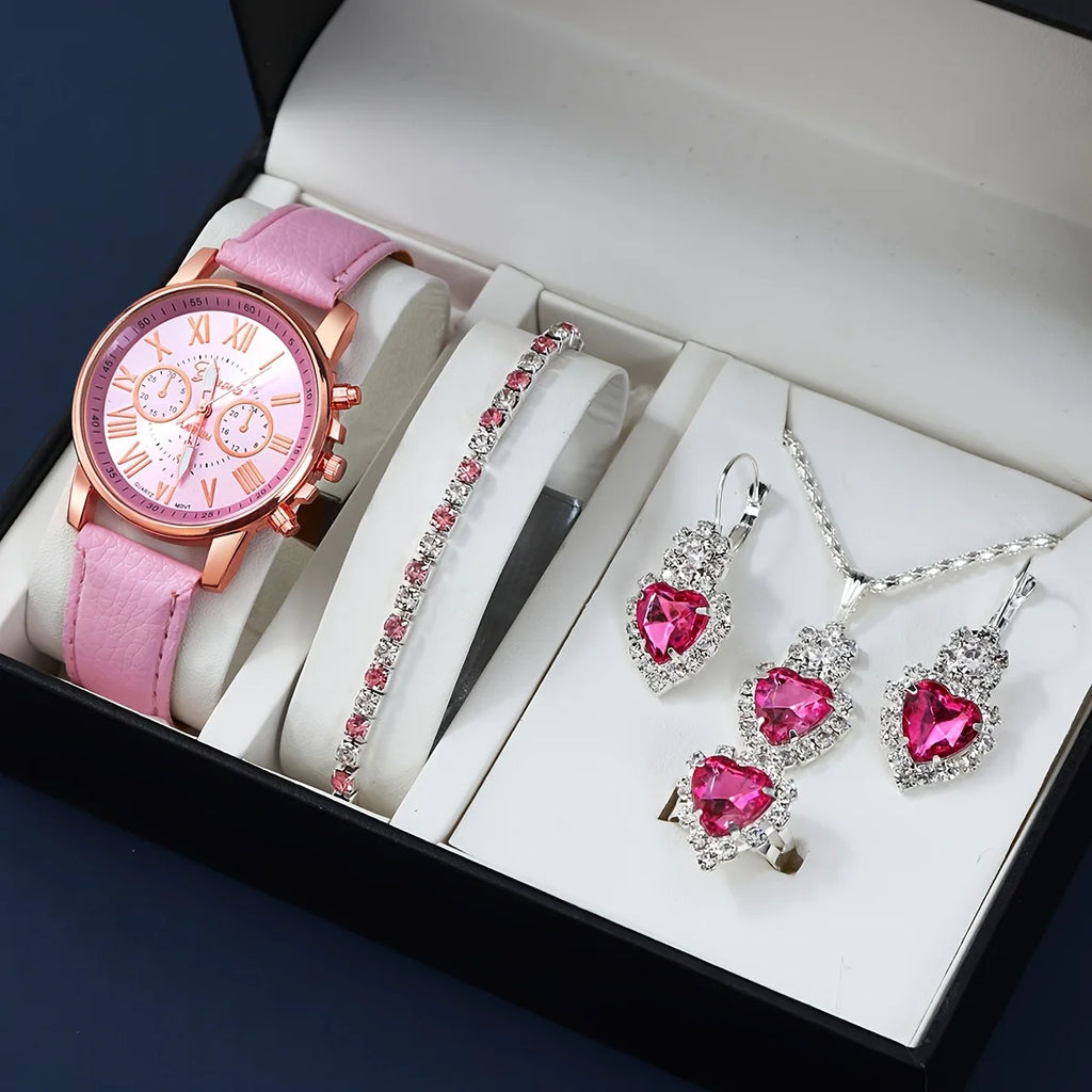 Fashion quartz watch and jewelry set, shock resistant circular analog digital display, PU leather strap, zinc alloy case