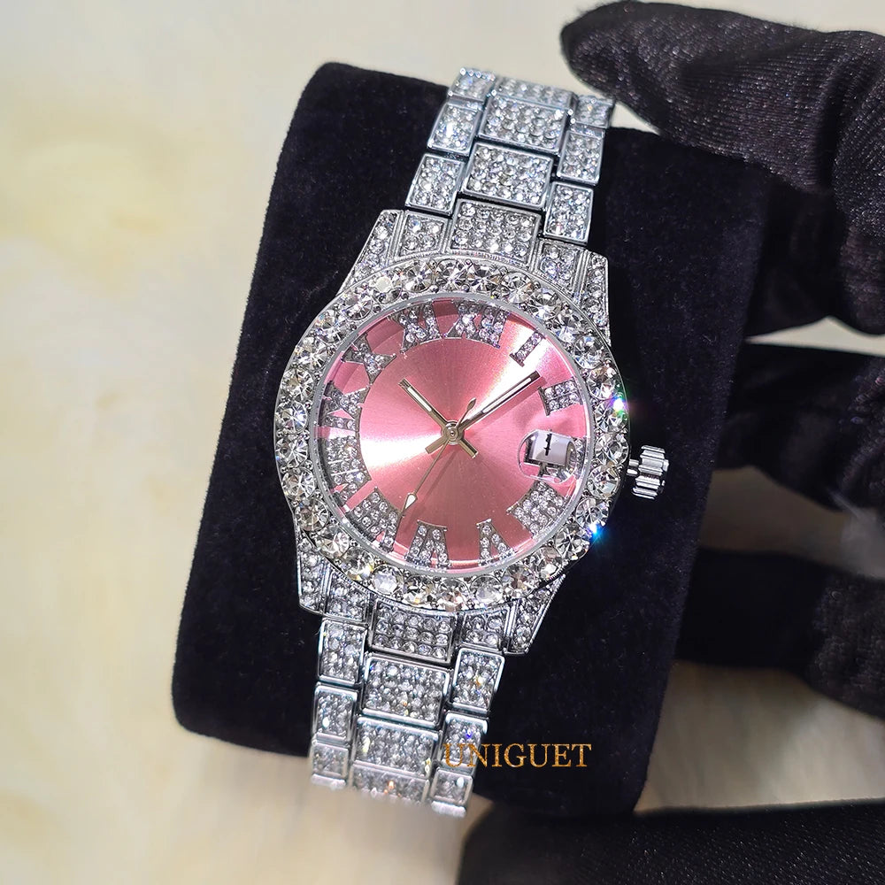 Elegant Women's Watch Pink Small Dial Fashion Dresses Diamond Watch For Ladies Luxury BlingBling Iced Mini Wristwatches Gift