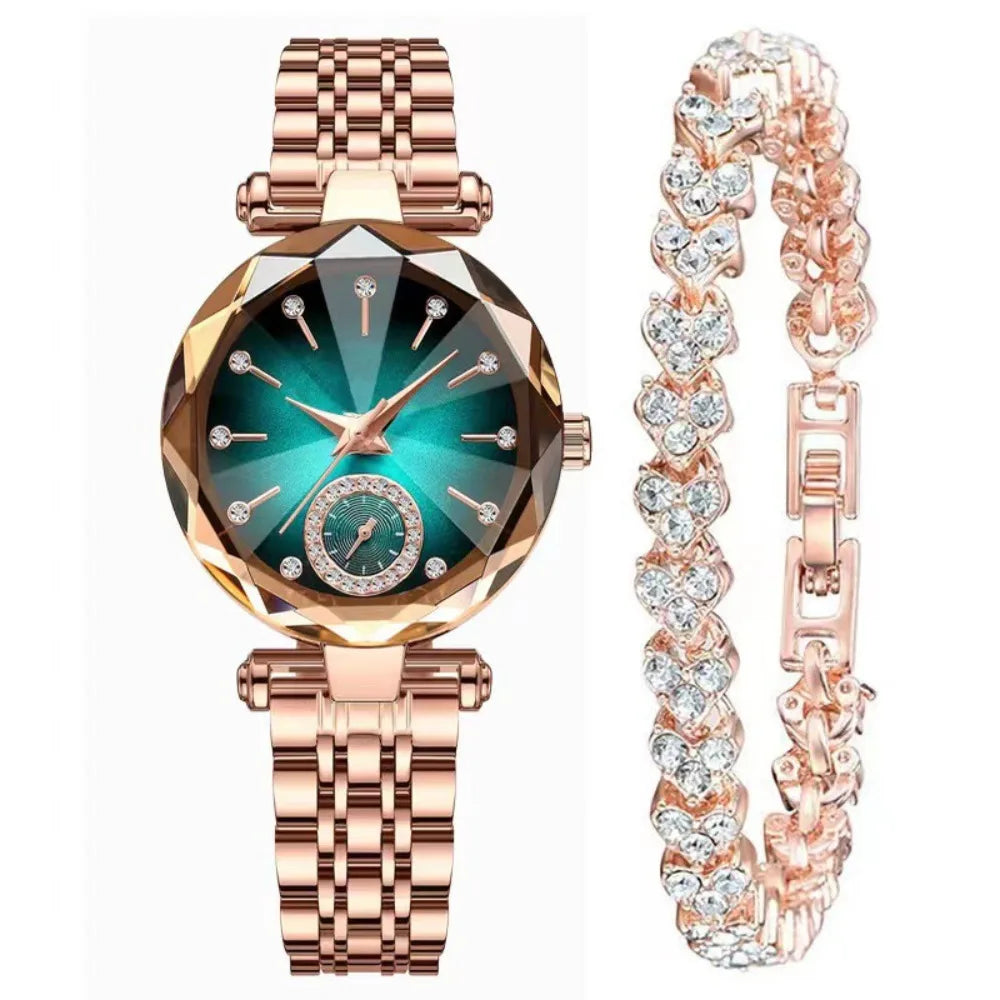 Trendy Luxury Women's Wristwatch Elegant Inlaid Diamond Watch Bracelet Set Stainless Steel Exquisite Rose Gold Watch Accessories