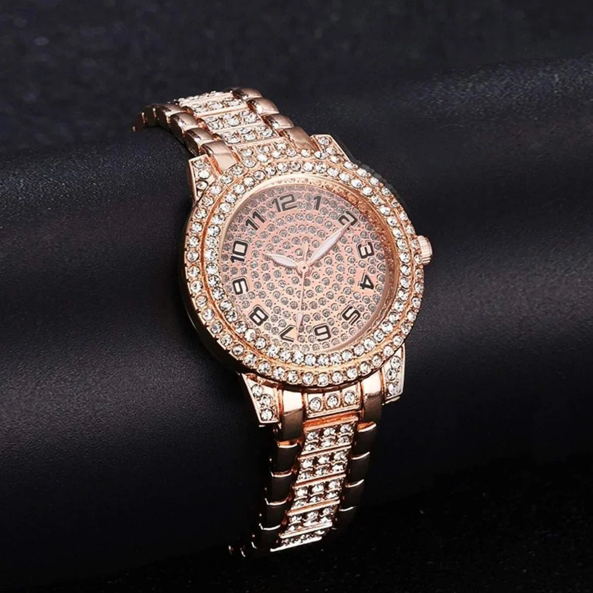 6-piece/set women's watch luxury rhinestone quartz watch hip-hop fashion watch and jewelry set, ideal choice for gifts