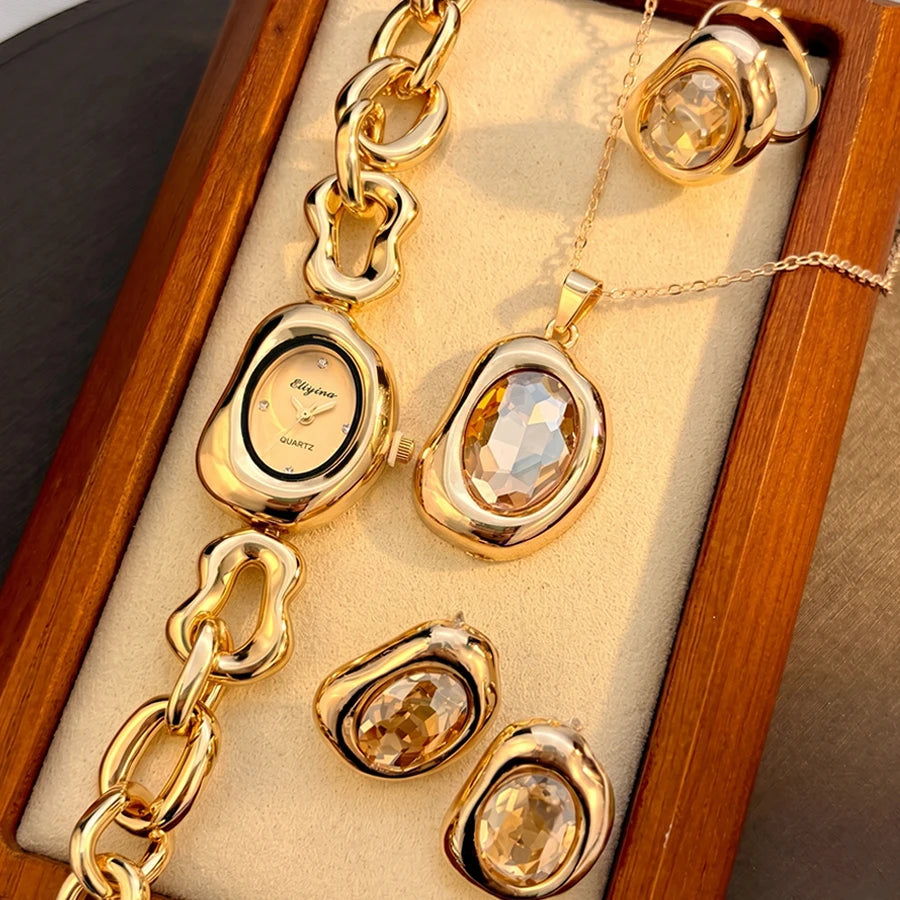 Elegant Gold Vintage Irregular-Shaped Watch Jewelry Four-piece Set for Women with Crystal Accents