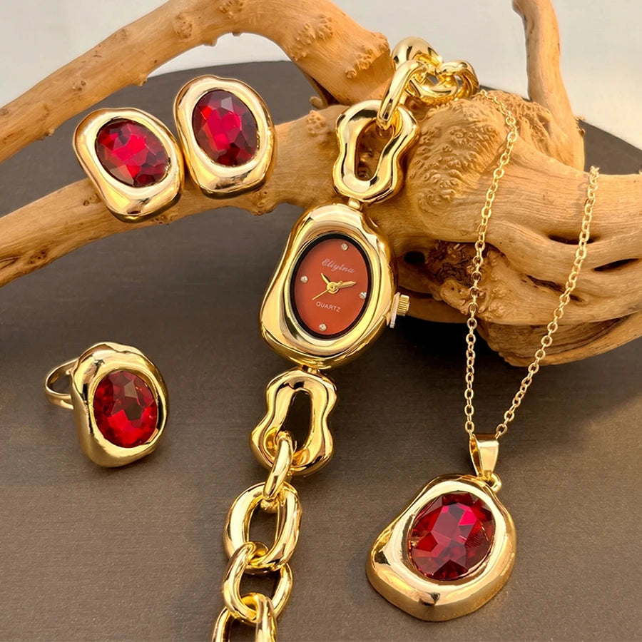 Elegant Gold Vintage Irregular-Shaped Watch Jewelry Four-piece Set for Women with Crystal Accents