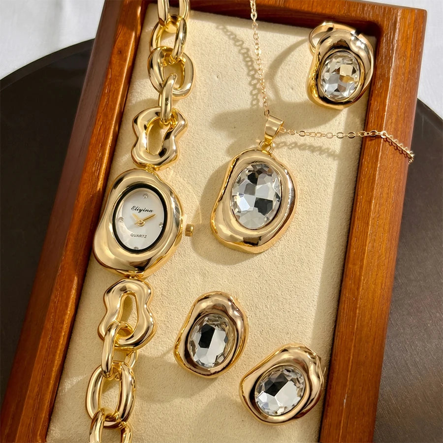 Elegant Gold Vintage Irregular-Shaped Watch Jewelry Four-piece Set for Women with Crystal Accents