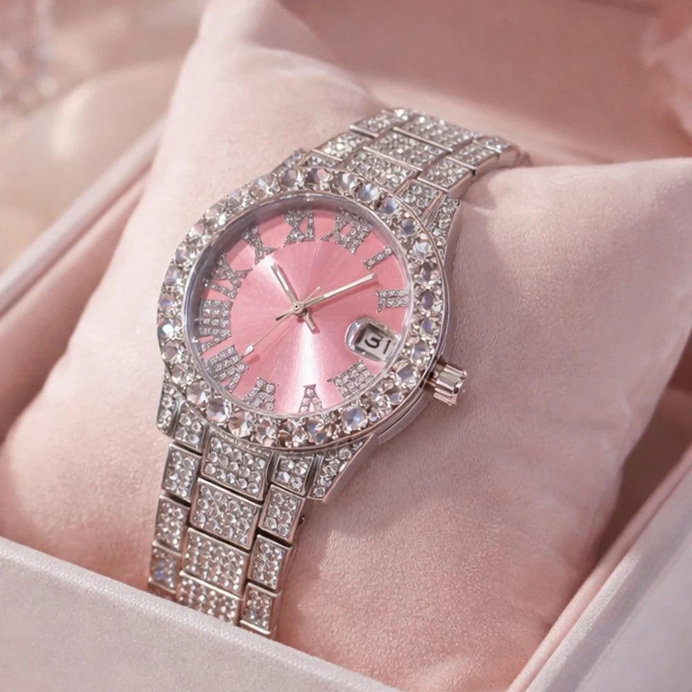Elegant Women's Watch Pink Small Dial Fashion Dresses Diamond Watch For Ladies Luxury BlingBling Iced Mini Wristwatches Gift