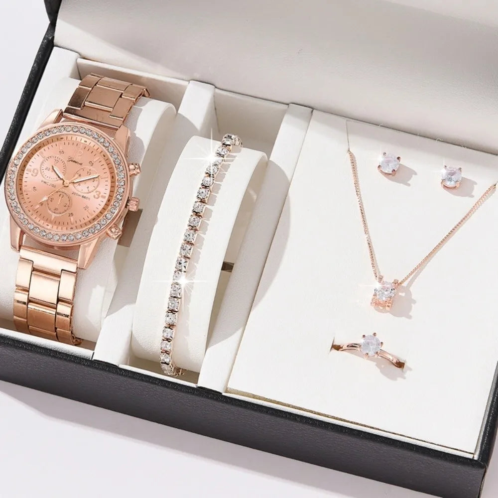 6pcs Diamond Women's Watch Set Bracelet Wristwatch Rhinestone Watch Jewelry Gift Set Elegant Roman Dial Ladies Quartz Watch