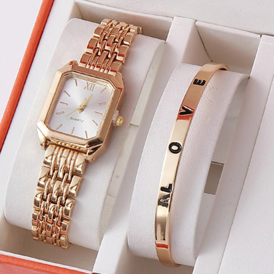 2pcs/set Luxury Women's Quartz Watch with LOVE Bracelet Watch Set Fashion Alloy Band Business Ladies Watches Female Clock Gifts