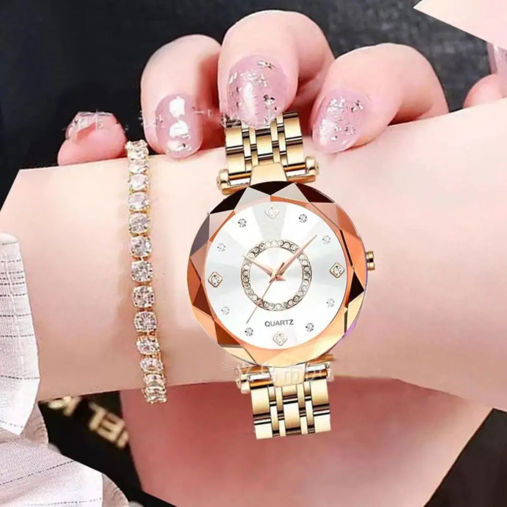 Trendy Luxury Women's Wristwatch Elegant Inlaid Diamond Watch Bracelet Set Stainless Steel Exquisite Rose Gold Watch Accessories