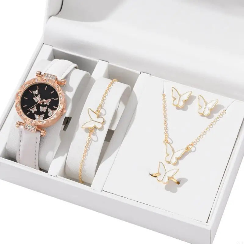 Butterfly Jewelry Set (without box)Women Watches Female Leather Watch Rings Necklace Earrings Bracelet Wedding Gift