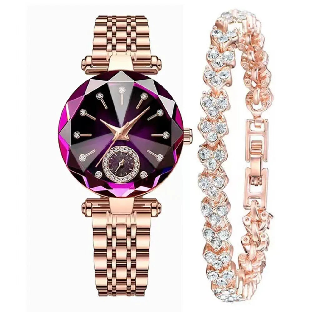 Trendy Luxury Women's Wristwatch Elegant Inlaid Diamond Watch Bracelet Set Stainless Steel Exquisite Rose Gold Watch Accessories