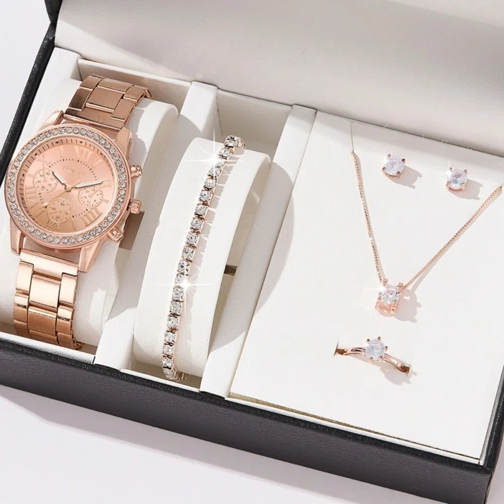 6pcs Diamond Women's Watch Set Bracelet Wristwatch Rhinestone Watch Jewelry Gift Set Elegant Roman Dial Ladies Quartz Watch