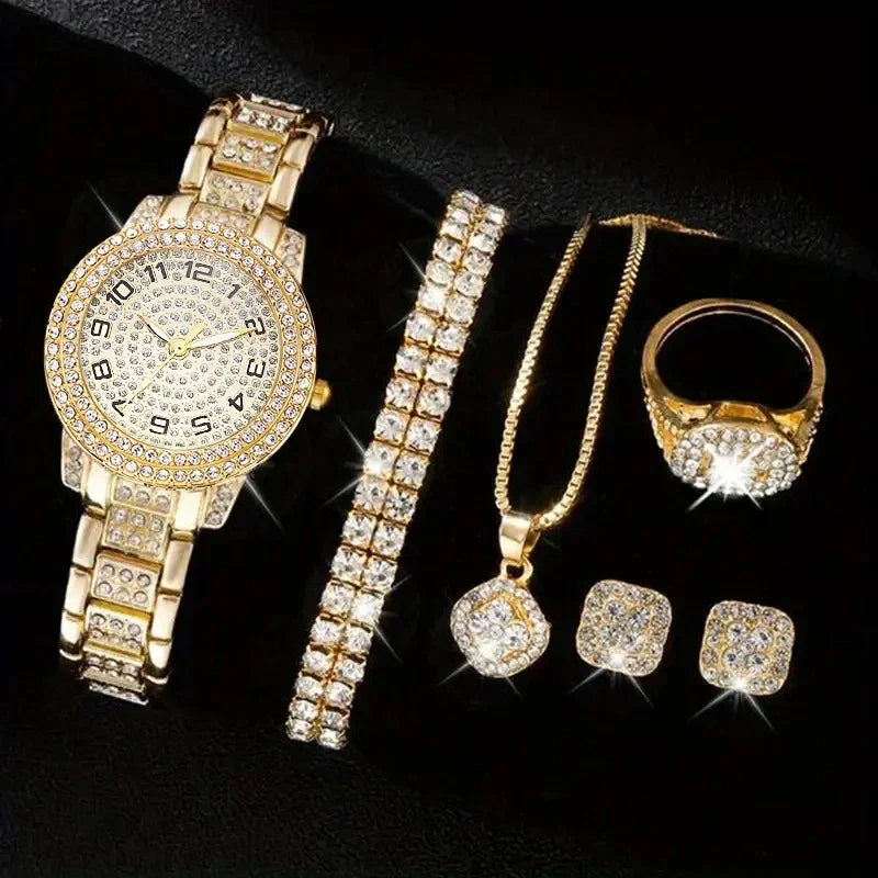 6-piece/set women's watch luxury rhinestone quartz watch hip-hop fashion watch and jewelry set, ideal choice for gifts