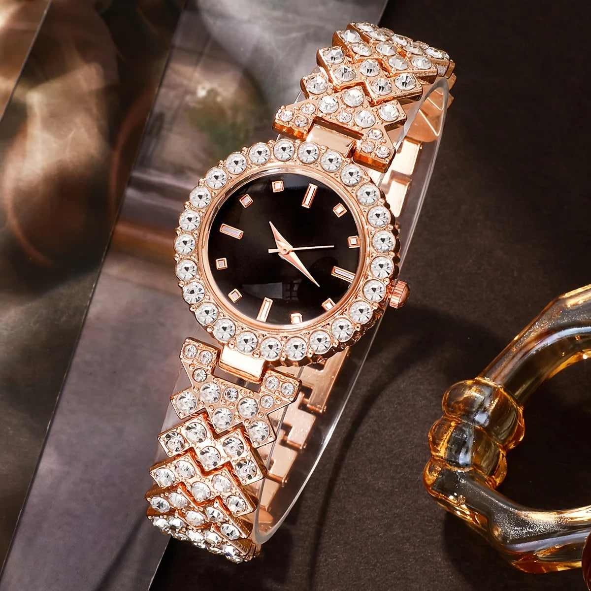 5-piece women's fashionable retro quartz watch and crystal jewelry set
