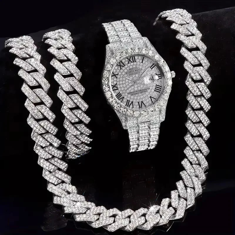Luxury 3Pcs/Set Men's Golden Quartz Watch,Necklace and Bracelet Charming Jewelry, Shining Fashion Men's Outfit Accessory