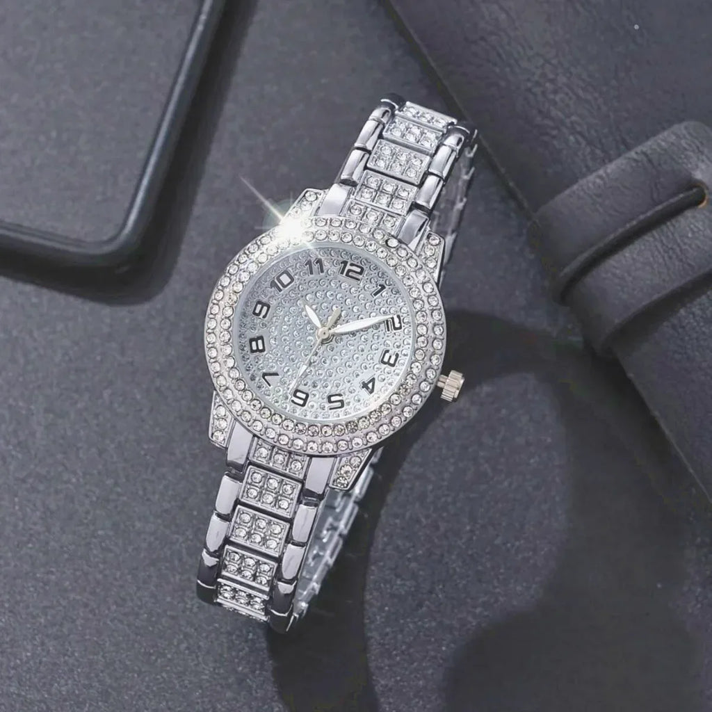 6-piece/set women's watch luxury rhinestone quartz watch hip-hop fashion watch and jewelry set, ideal choice for gifts