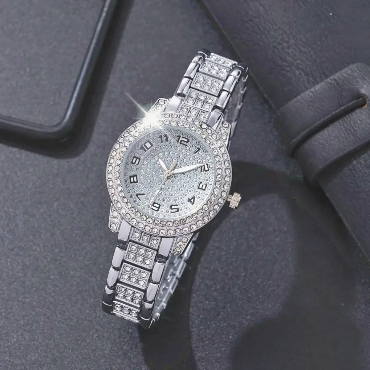 6-piece/set women's watch luxury rhinestone quartz watch hip-hop fashion watch and jewelry set, ideal choice for gifts