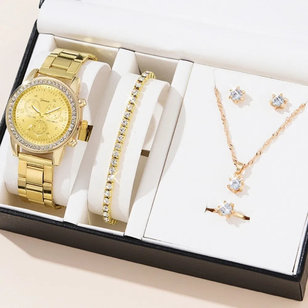 6pcs Diamond Women's Watch Set Bracelet Wristwatch Rhinestone Watch Jewelry Gift Set Elegant Roman Dial Ladies Quartz Watch