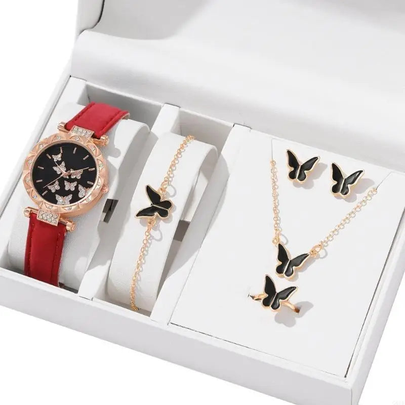 Butterfly Jewelry Set (without box)Women Watches Female Leather Watch Rings Necklace Earrings Bracelet Wedding Gift