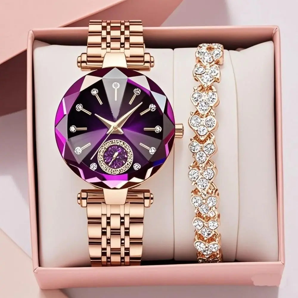 Trendy Luxury Women's Wristwatch Elegant Inlaid Diamond Watch Bracelet Set Stainless Steel Exquisite Rose Gold Watch Accessories
