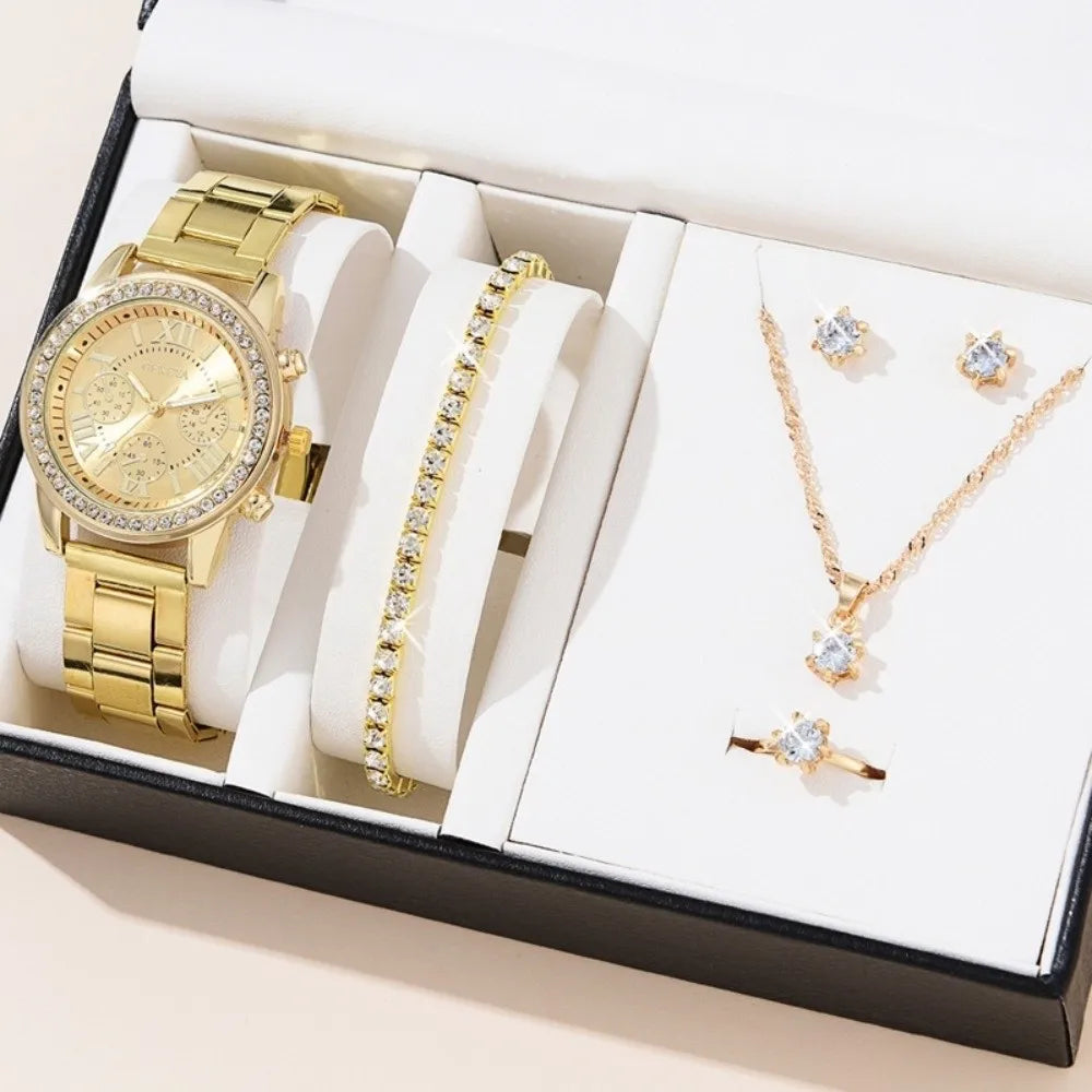 6pcs Diamond Women's Watch Set Bracelet Wristwatch Rhinestone Watch Jewelry Gift Set Elegant Roman Dial Ladies Quartz Watch