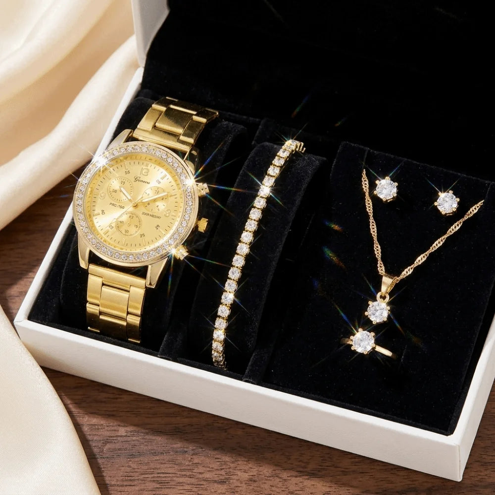 6pcs Diamond Women's Watch Set Bracelet Wristwatch Rhinestone Watch Jewelry Gift Set Elegant Roman Dial Ladies Quartz Watch