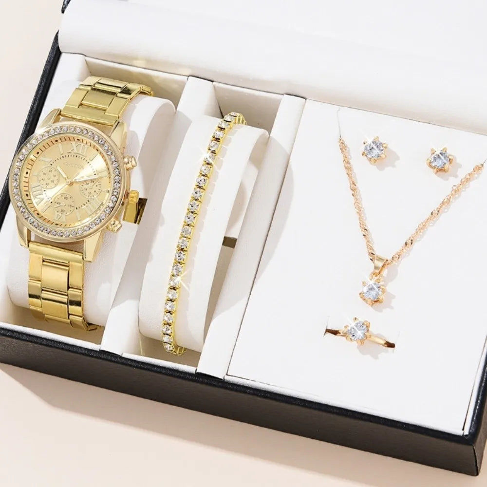 6pcs Diamond Women's Watch Set Bracelet Wristwatch Rhinestone Watch Jewelry Gift Set Elegant Roman Dial Ladies Quartz Watch