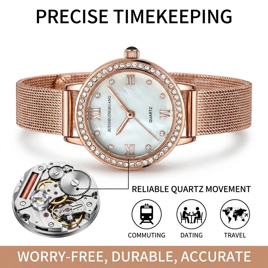 4pcs gift box set Women's sky blue dial alloy strap fashion jewelry details Quartz Watch Gift Box Set for party holiday