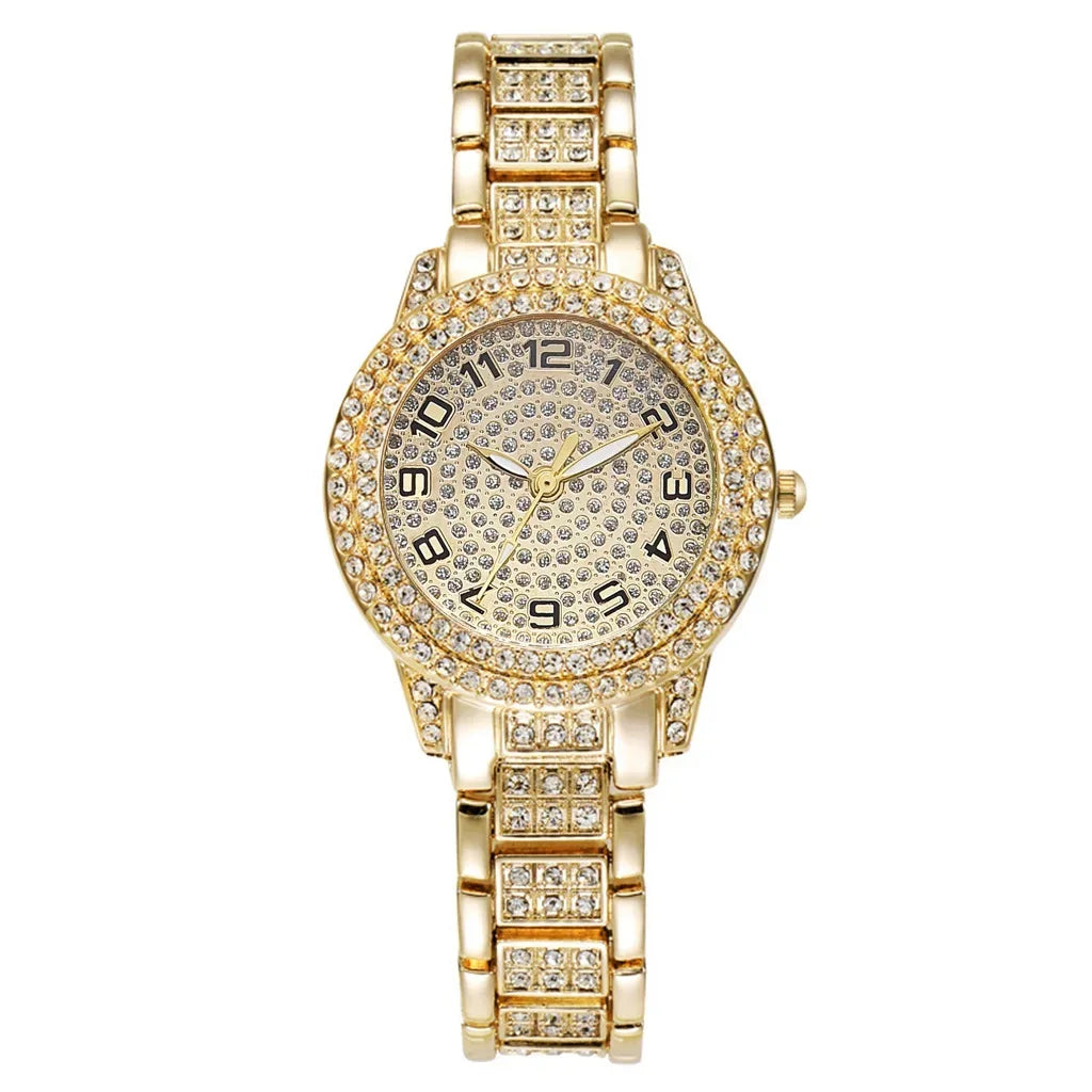 6-piece/set women's watch luxury rhinestone quartz watch hip-hop fashion watch and jewelry set, ideal choice for gifts