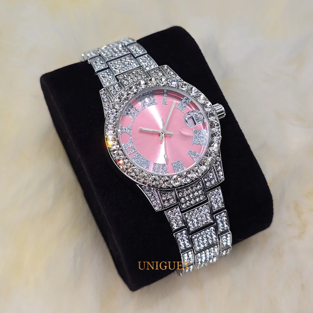 Elegant Women's Watch Pink Small Dial Fashion Dresses Diamond Watch For Ladies Luxury BlingBling Iced Mini Wristwatches Gift
