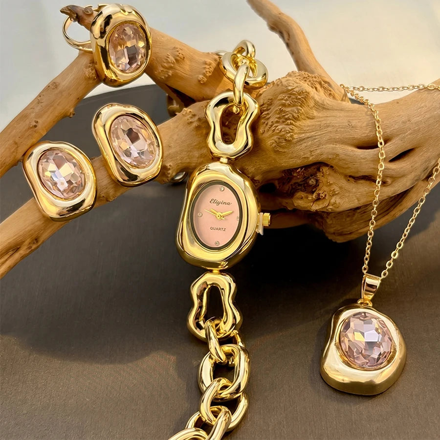 Elegant Gold Vintage Irregular-Shaped Watch Jewelry Four-piece Set for Women with Crystal Accents