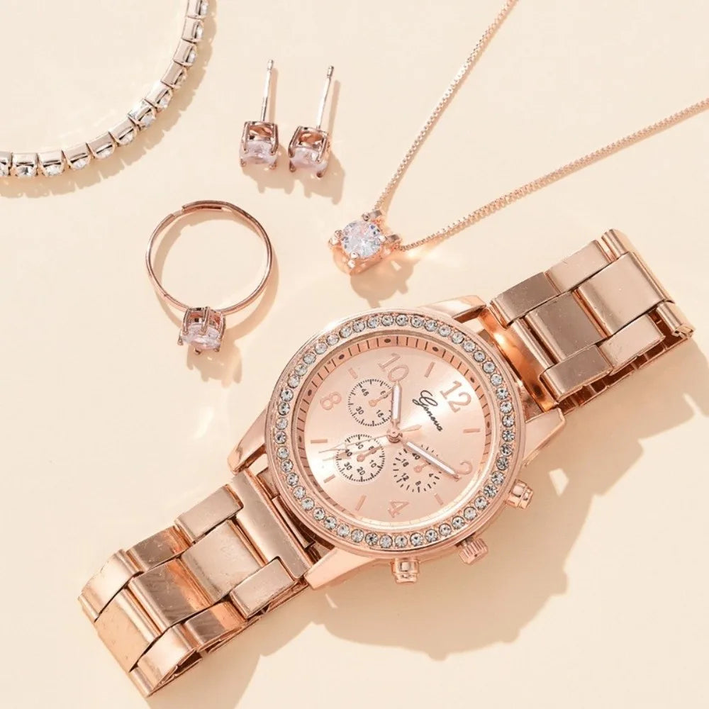 6pcs Diamond Women's Watch Set Bracelet Wristwatch Rhinestone Watch Jewelry Gift Set Elegant Roman Dial Ladies Quartz Watch
