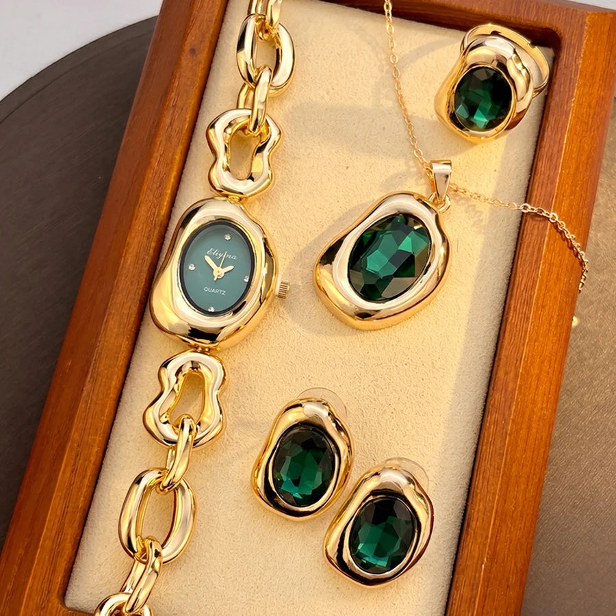 Elegant Gold Vintage Irregular-Shaped Watch Jewelry Four-piece Set for Women with Crystal Accents
